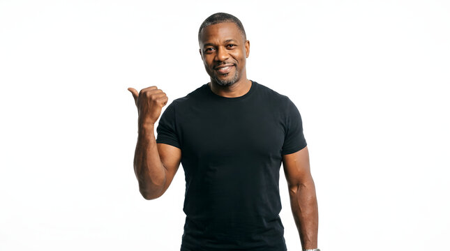 Smiling middle aged African American man in black t-shirt pointing to the left with thumb up gesture PNG Isolated on transparent background