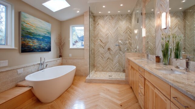 Contemporary master bathroom features modern freestanding soaking tub and glass enclosed shower