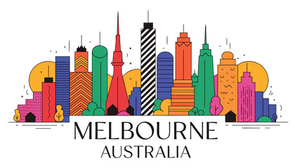 Obraz premium Vector illustration of Melbourne skyline in colorful silhouette, with “MELBOURNE” text, on white background, modern city identity and tourism design