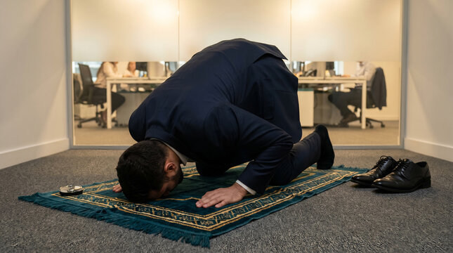 Muslim businessman portrait, with green traditional prayer rug and formal black dress shoes, performing sujud prostration prayer, corporate office environment, business lifestyle photography