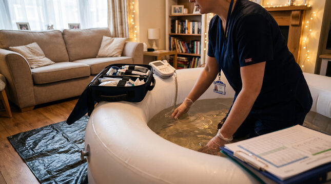 Midwife nurse in blue scrub uniform, with open medical equipment bag on side, checking water temperature in inflatable birth pool, home living room environment, healthcare photography