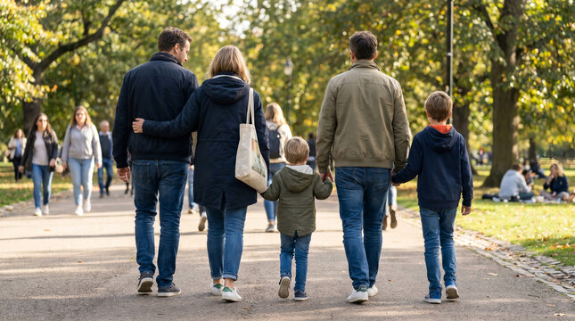 parents with two sons, with casual autumn jackets and jeans from rear view, walking hand in hand along path, sunny public park environment, family lifestyle photography