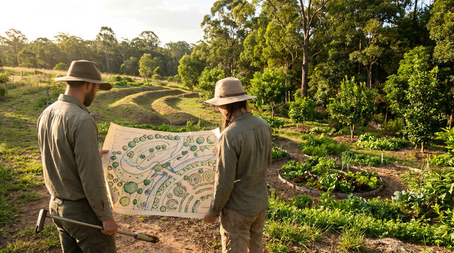 Two landscape designers in khaki shirts, with hand-drawn farm layout plan map, looking at design strategy standing together, organic agricultural farm environment, agriculture photography