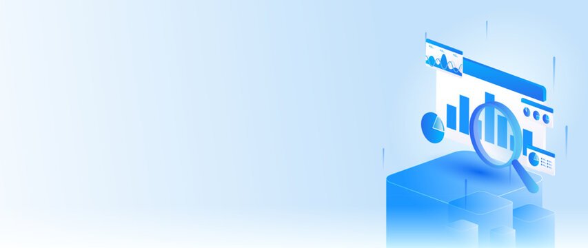 Isometric stock market data analyzing with magnifying glass, business financial data analytics dashboard, and stock market research concept web banner.