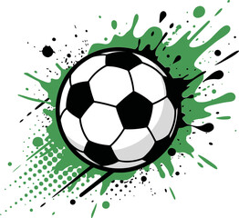 Soccer ball vector with green paint splash, dynamic football illustration with ink splatter, athletic sports equipment graphic for tournament posters