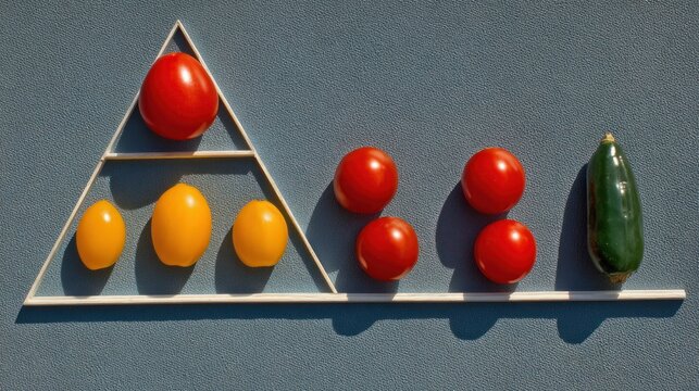 Various shapes and colors of small produce items arranged on a flat surface with geometric guides