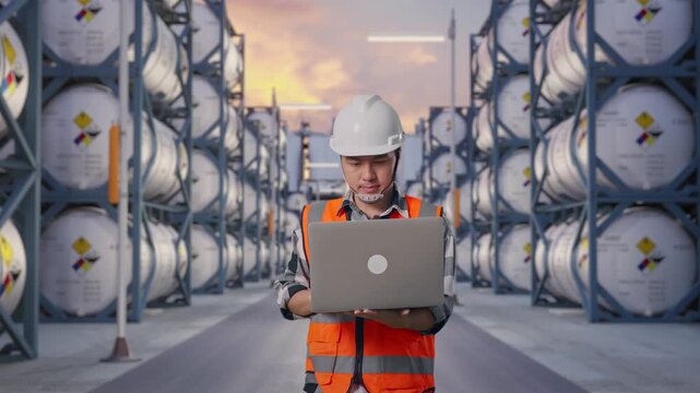 Front View of Asian Male Engineer Use Computer While Walking with Chemical Tanks