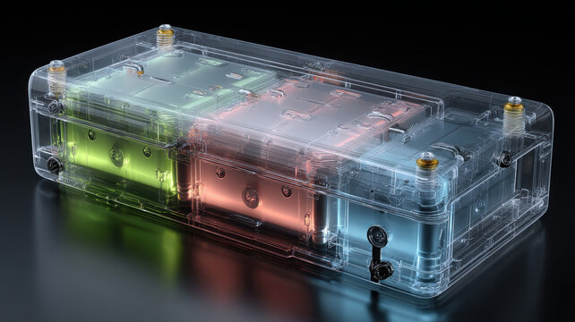 Transparent modular battery pack module with internal colored lighting illumination transparent electric technology innovation electronic component industrial prototype hardware electrical