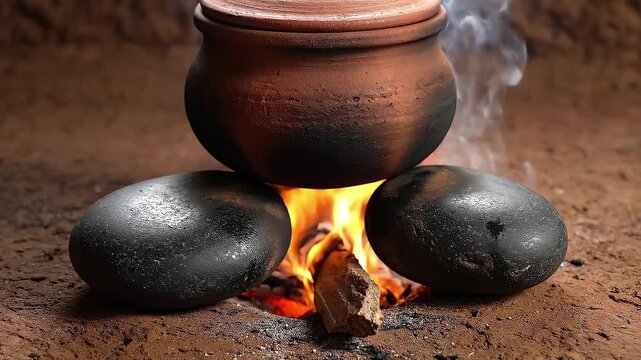 An ancient method of cooking showing an earthenware clay pot boiling over an open wood fire supported by large smooth stones on the ground.
