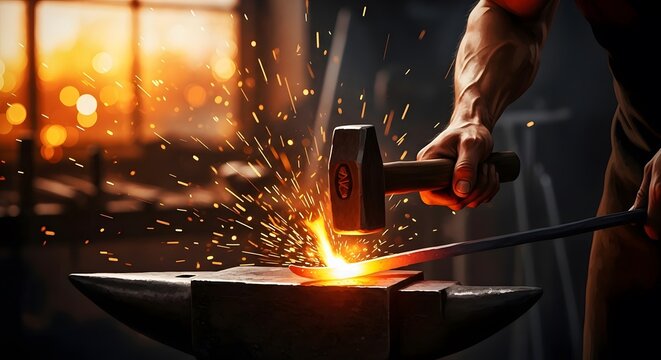 Happy labor day a blacksmith at work with hammer and anvil