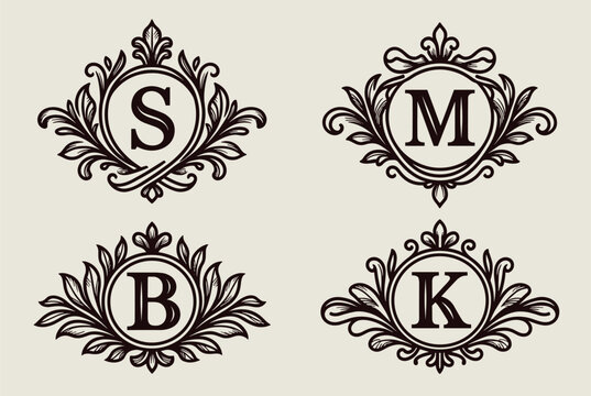 Set of four elegant monogram crests with floral ornaments featuring initials S M B and K in a vintage style.
