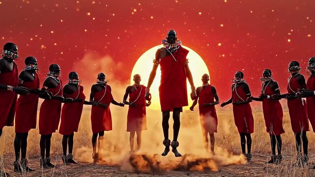 A group of Maasai men in red shuka clothing perform their traditional jumping dance or adumu under a large glowing sun at sunset.
