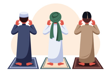 Fototapeta premium Back view of three Muslim men dressed in traditional clothing performing prayer on individual decorative prayer rugs.