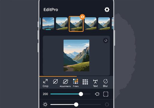 A phone screen shows a photo editing interface with a mountain landscape