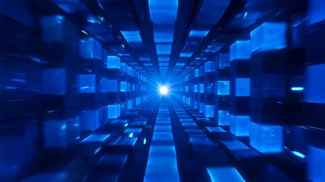 Digital abstract background blue tunnel perspective light motion futuristic technology data grid energy glow, blue light tunnel with glowing cube shape and perspective vanishing point, futuristic