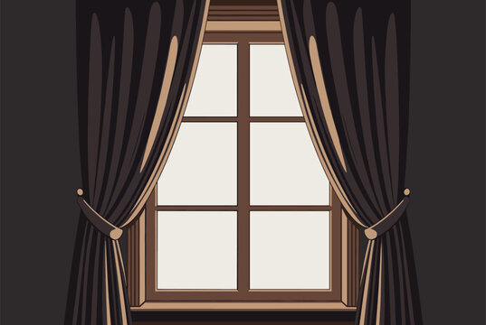 Cozy indoor view of a window framed by elegant dark curtains looking out to a bright white sky in a flat illustration style.