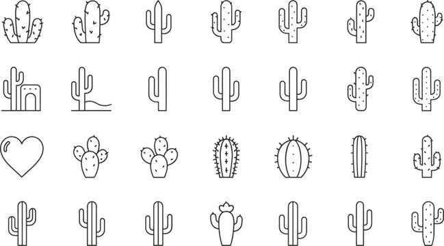 Cactus line icon set vector illustration of desert plants saguaro succulent prickly pear flora nature and mexican elements.
