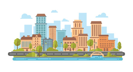 Naklejka premium A cityscape with buildings, trees, and a bridge over water