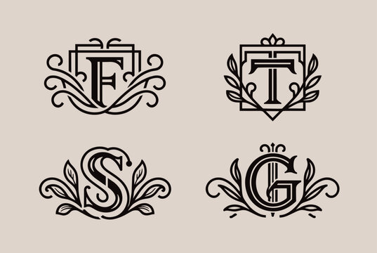Set of decorative royal monograms featuring the letters F T S and G framed with elegant floral and crest elements in a vintage boutique style.