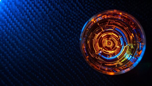 右側に配置された黄金の輝きと回路、近未来カクテルグラス、左側にコピースペースが広がるハイテクなカーボンファイバー背景