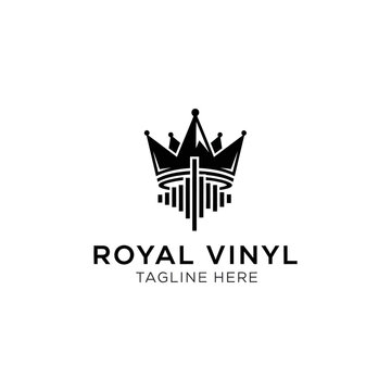 Elegant combination of a royal crown and a vinyl record disk with sound bars, ideal for music labels and premium audio brands.