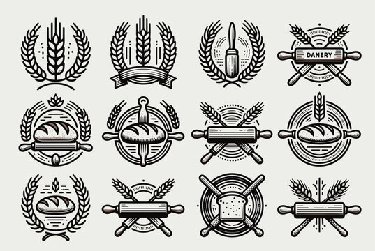 Diverse collection of vintage style bakery logos featuring bread loaves wheat stalks and rolling pins in a black and white design.