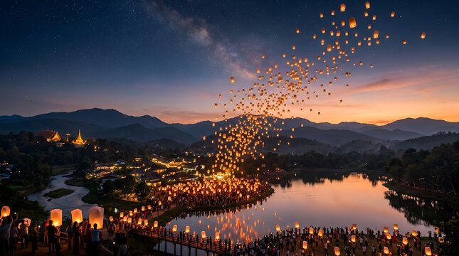 A breathtaking panoramic view of the Yi Peng Lantern Festival in Thailand, showing thousands of glowing paper lanterns floating up into a starry night sky with the Milky Way visible