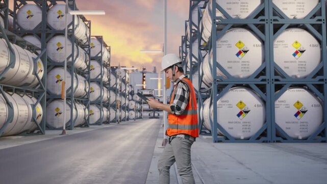 Side View of Asian Male Engineer Use Tablet While Walking with Chemical Tanks