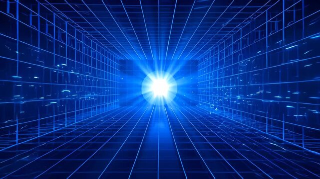 Digital abstract blue background with bright glowing light futuristic grid tunnel perspective, abstract blue grid tunnel background with futuristic glowing light and sci fi perspective, digital