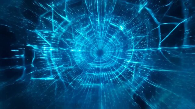 Digital Abstract Blue Background with Glowing Radial Web, Dark Space, Futuristic Energy Pattern, Blue Light Tunnel, Glowing Network, Luminous Circuit, Motion Blur, Technology Design