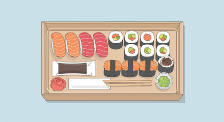A takeout box of various sushi and condiments © Lukmanah