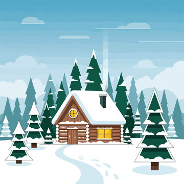 A cozy log cabin in snowy forest
