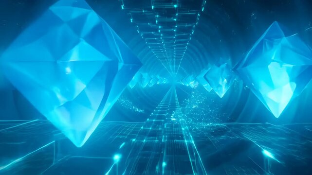 Digital abstract background with blue futuristic tunnel, glowing geometric light and particle spark, crystal form grid floor, beam network depth perspective