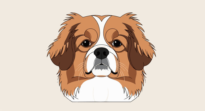 Close-up pixel art portrait of a fluffy dog's head with brown and white markings