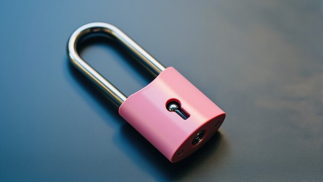 Pink Padlock on Dark Surface: A charming pink padlock rests on a glossy, dark surface, its metal shackle glinting, ready to secure valuables and represent safety and trust.