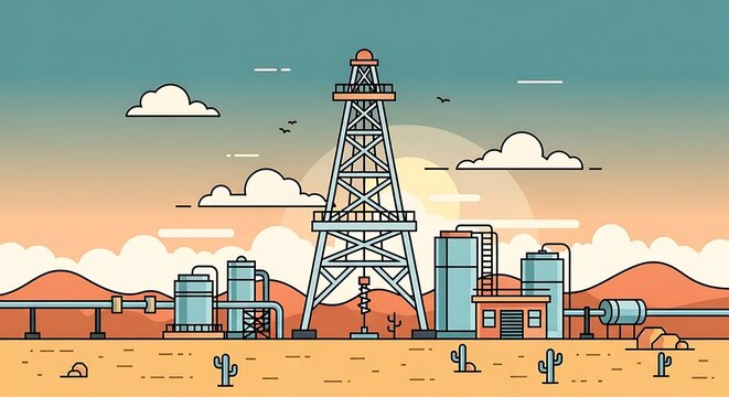 Oil pumpjack and farmhouse at sunset with birds.