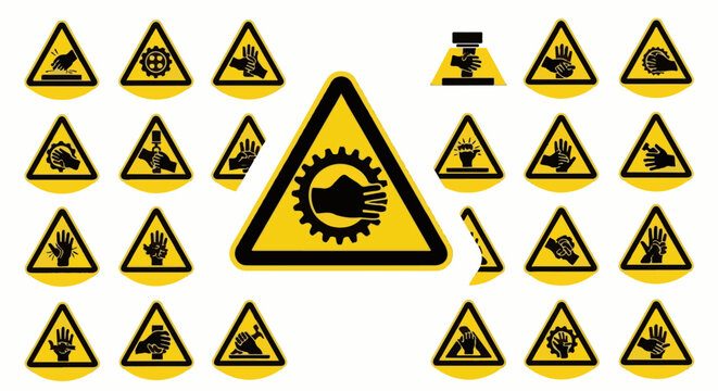 Collection of triangular warning signs depicting hand hazards and machinery