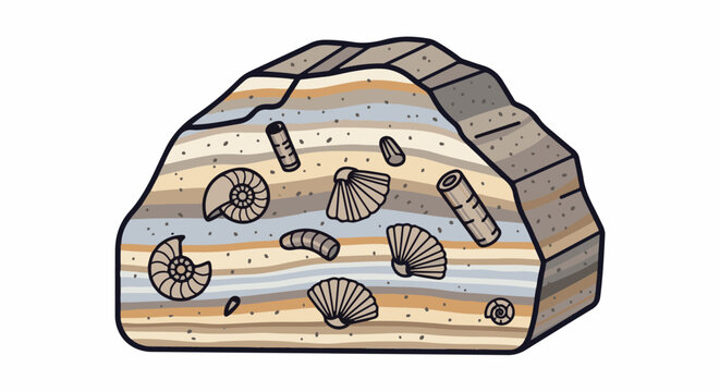 Colorful rock strata revealing ancient sea life fossils embedded within layers