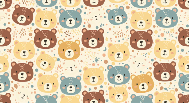 Cute smiling bear faces in brown, yellow, and blue, with confetti background
