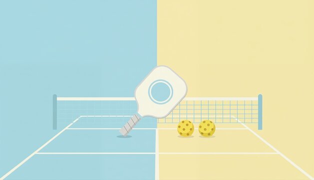 Pickleball Court with Paddle and Balls: A stylized illustration depicts a pickleball court divided by a net, featuring a paddle and two balls, representing the sport's simplicity and fun.