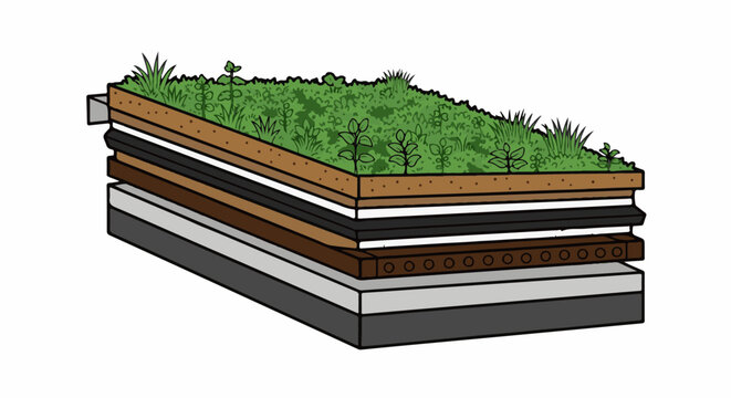 Cross-section of a green roof with multiple layers and vegetation on top