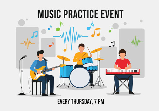 A colorful illustration of a music practice event with three musicians