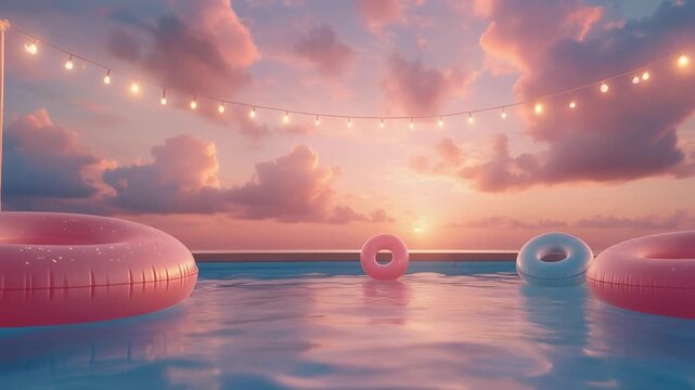 Inflatable rafts float on calm water under a string of lights at sunset