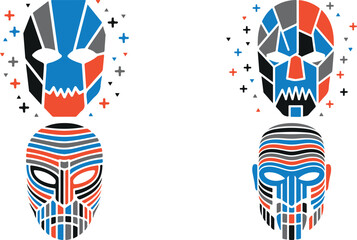 Obraz premium Colorful abstract tribal masks with geometric patterns and shapes on white background
