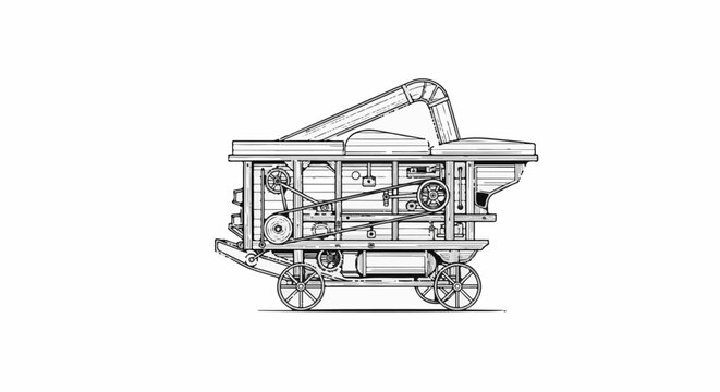 Detailed line drawing of a vintage threshing machine with gears and belts on wheels