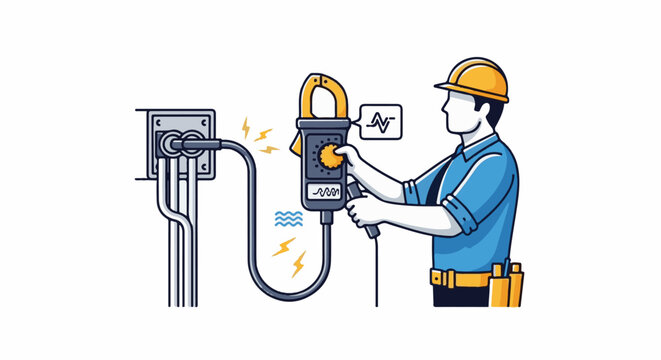 Electrician uses clamp meter to test electrical circuits, safety