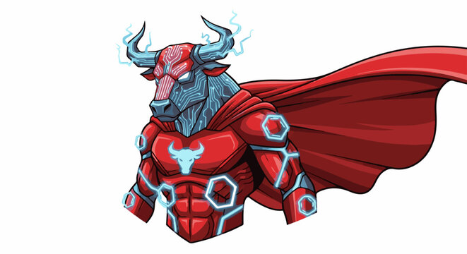 Digital bull superhero in red armor with circuits and glowing blue accents
