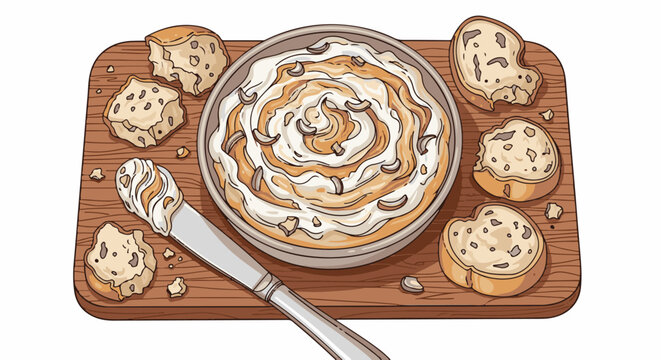 Delicious dip served with crusty bread on a wooden board