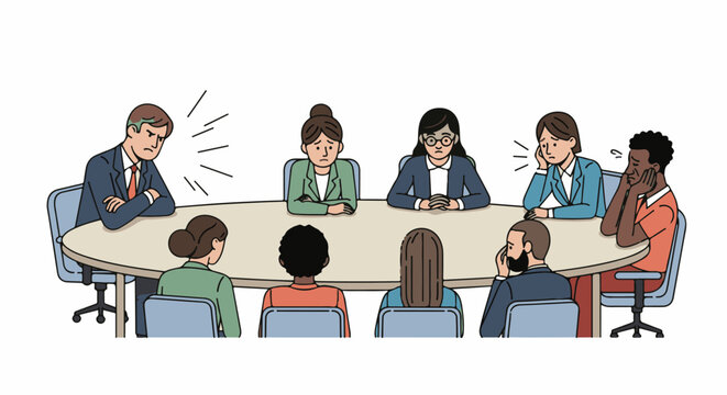 Diverse group of people sitting around oval table looking stressed, unhappy, or concerned