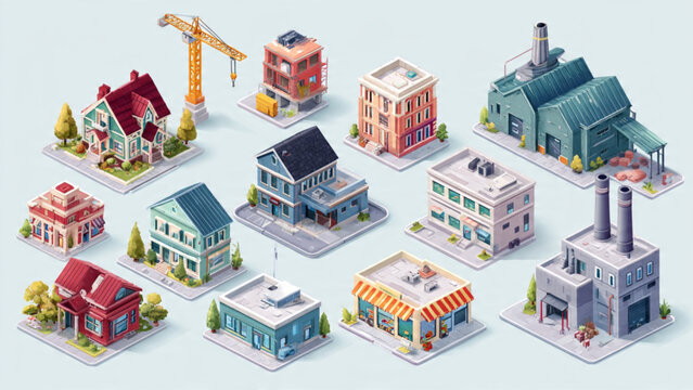 Miniature Model Townhouses and Commercial Buildings Set.